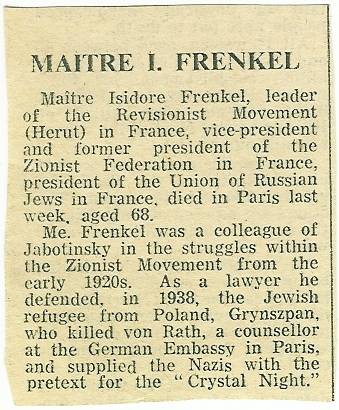 obituary news article of Isidore Franckel criminal defense lawyer for Herschel Grynszpan newspaper article mentioning lawyer for Herschel Grynszpan